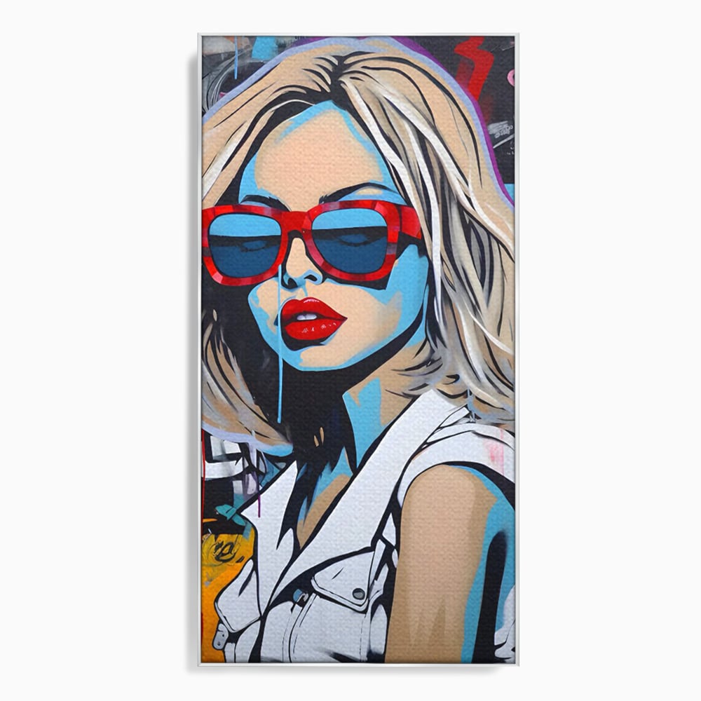 Tablou canvas cu tablou canvas portret pop art femeie cu ochelari, in rama de aluminiu argintiu